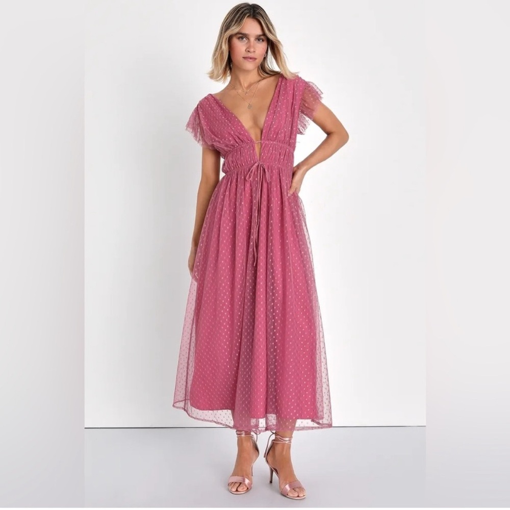 Lulus Yours Evermore Mauve Swiss Dot Ruffled Midi (size M)